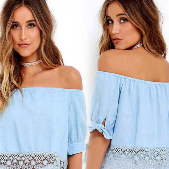 Boutique Tops - New boho Blue crochet lace off shoulder crop top